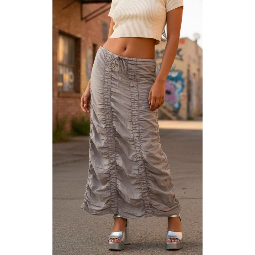 Y2K Wearables Gray Ruched Maxi Skirt Drawstring Stretch Cotton Women's S